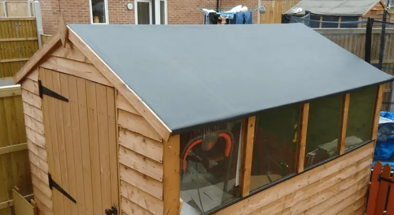 Flat roof shed with EPDM rubber membrane roofing - waterproof shed roofing for low-pitch roofs
