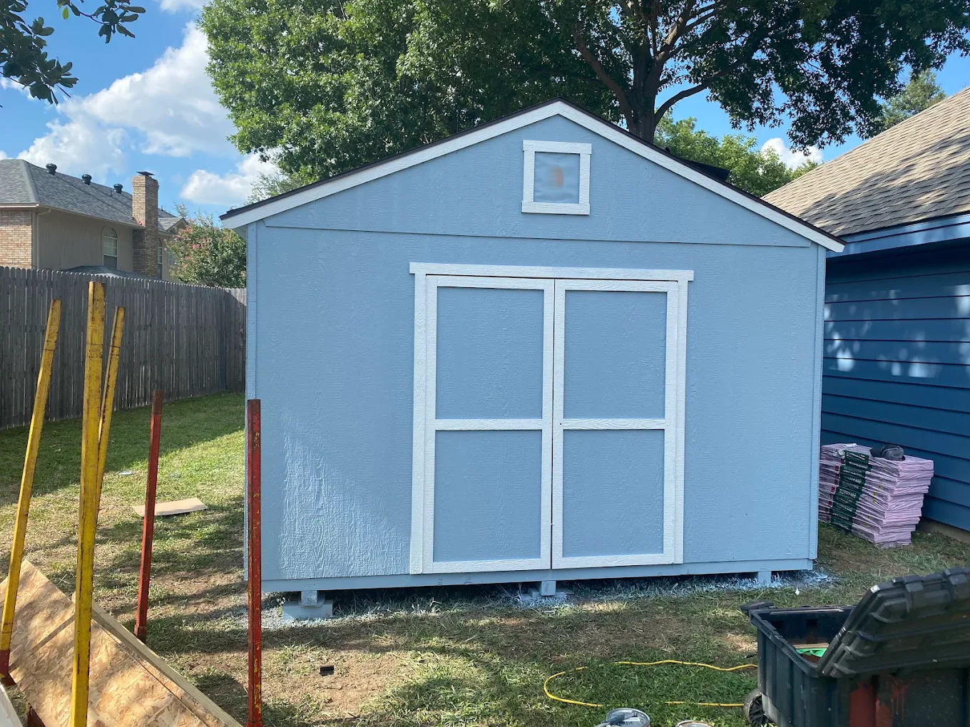 Storage shed built on-site at Lake Bridgeport TX property